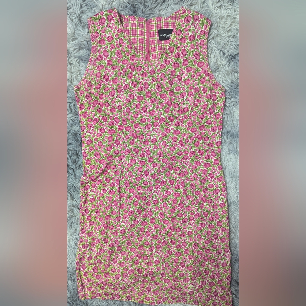 SAG HARBOR PETITE Pink Floral & Gingham Summer Mini Dress - Size 6